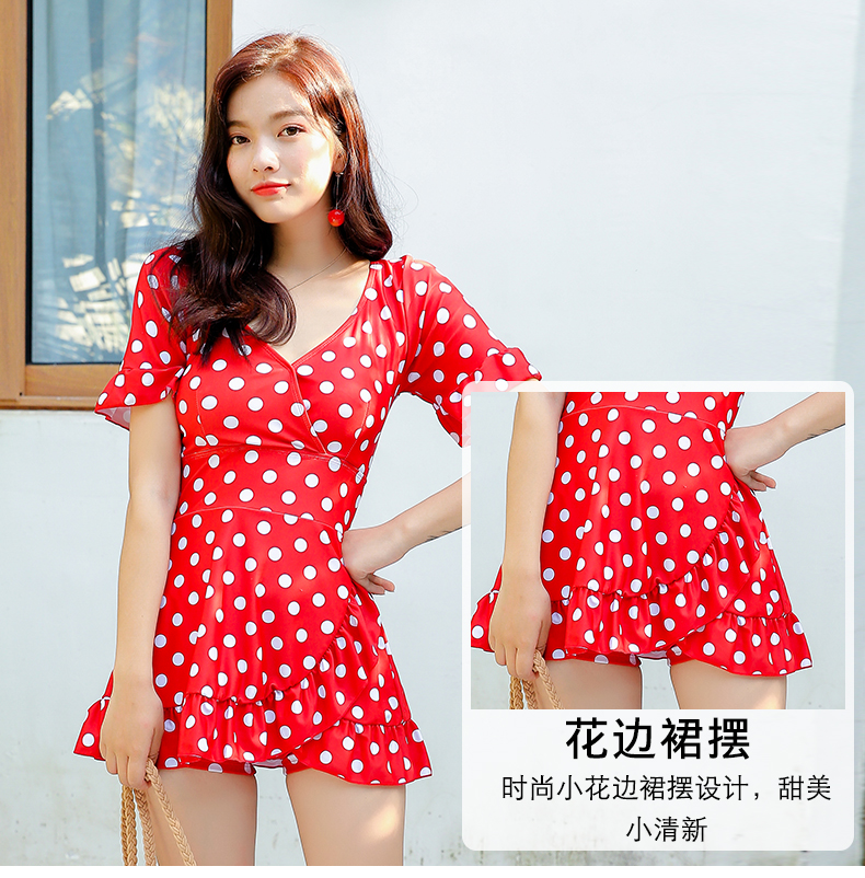 Áo tắm nữ kiểu Xiêm che bụng mỏng bảo thủ ngực nhỏ tập hợp học sinh sóng đỏ điểm nóng mùa xuân nhỏ áo tắm tươi - Bộ đồ bơi One Piece áo tắm liền thân