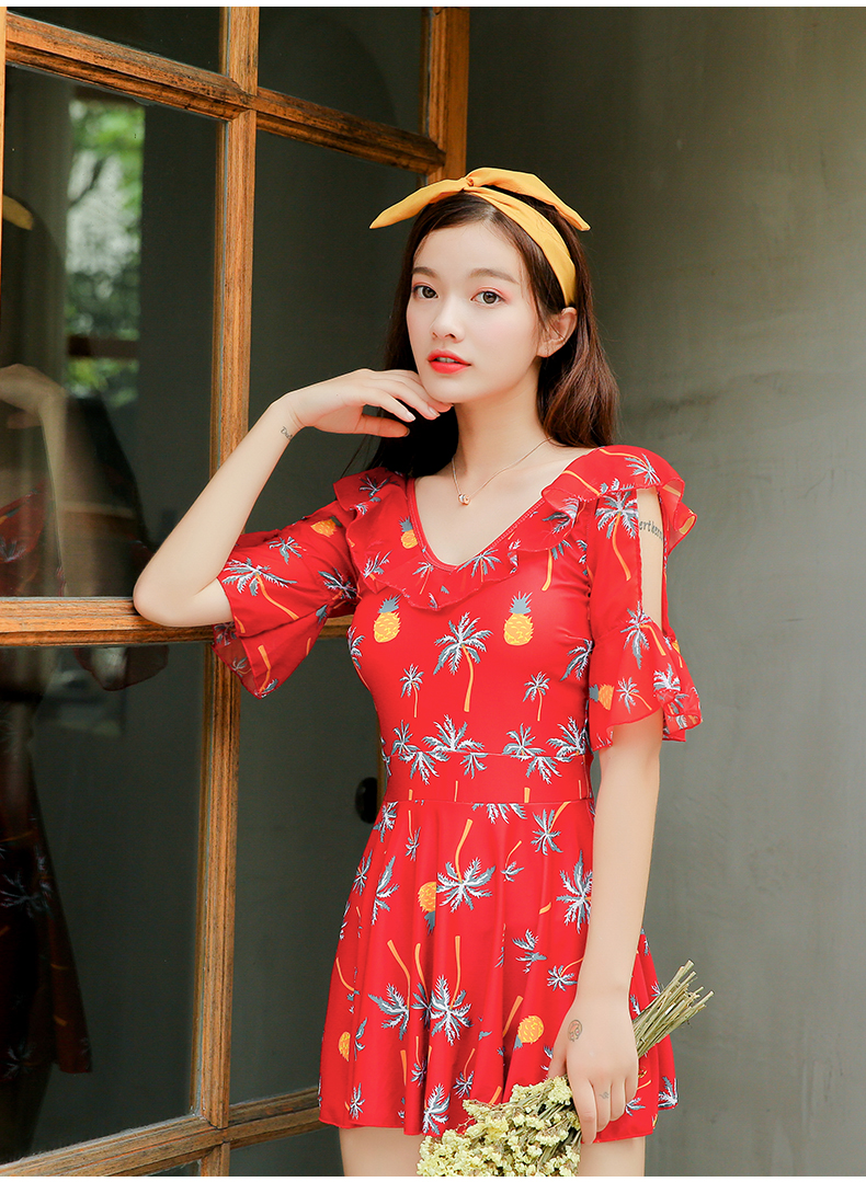 Áo tắm nữ bảo thủ che bụng mỏng góc phẳng tụ tập váy một mảnh đen đỏ Hàn Quốc bong bóng bơi suối nước nóng - Bộ đồ bơi One Piece áo tắm nữ liền thân