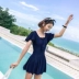 Áo tắm nữ bảo thủ đen che bụng giảm béo váy một mảnh ngực nhỏ tụ tập sinh viên Hàn Quốc suối nước nóng cỡ lớn đồ bơi - Bộ đồ bơi One Piece