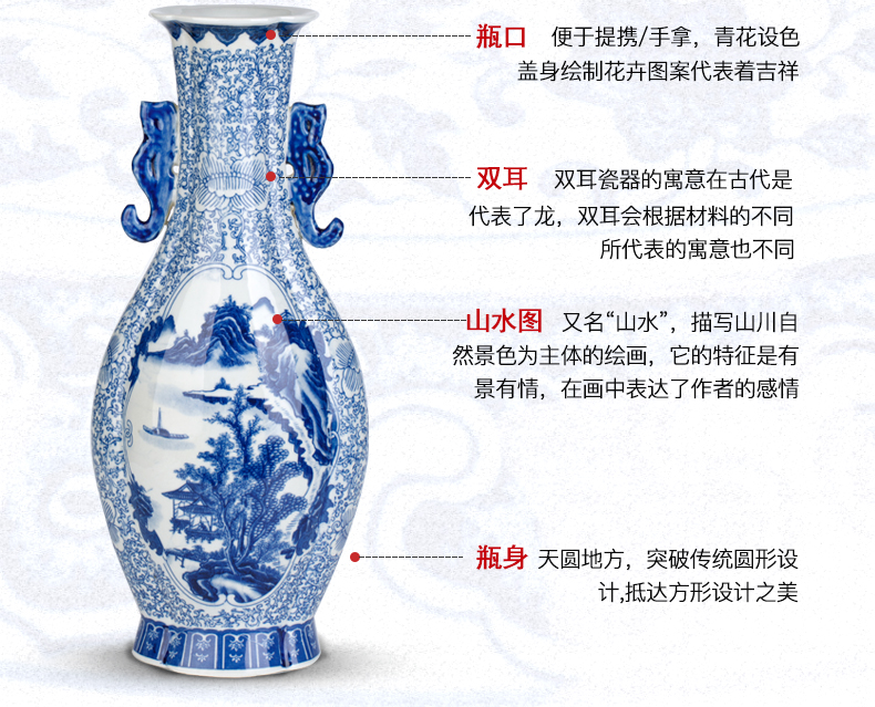 Pot - bellied vase of blue and white porcelain of jingdezhen antique painting of flowers and grain study teahouse home decoration of Chinese style household furnishing articles