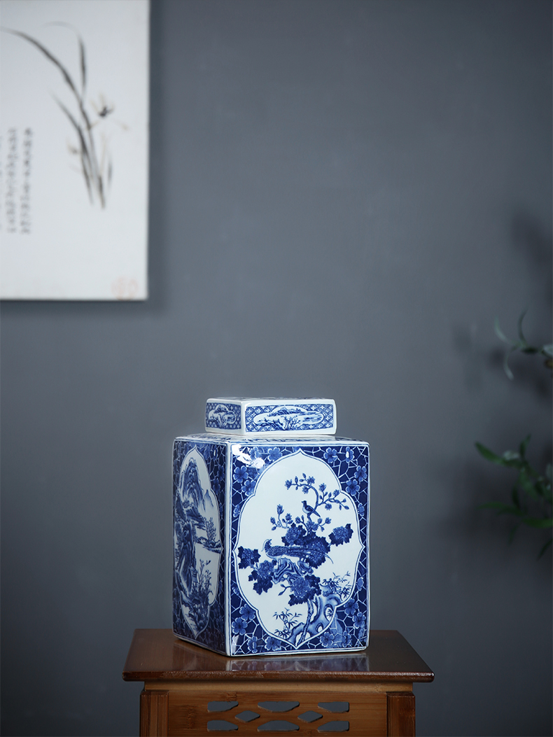 Ceramic furnishing articles caddy fixings storage jar study ancient frame decoration of jingdezhen blue and white porcelain four as cans of new Chinese style