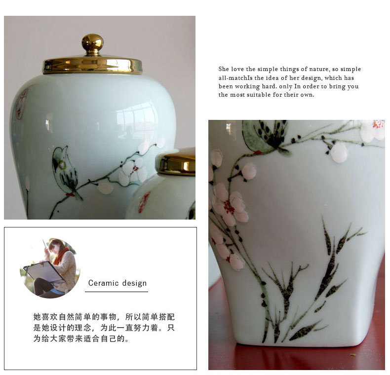 Jingdezhen ceramic household hand - made painting of flowers and dried flowers, vase gold - plated cover China sitting room adornment flowers