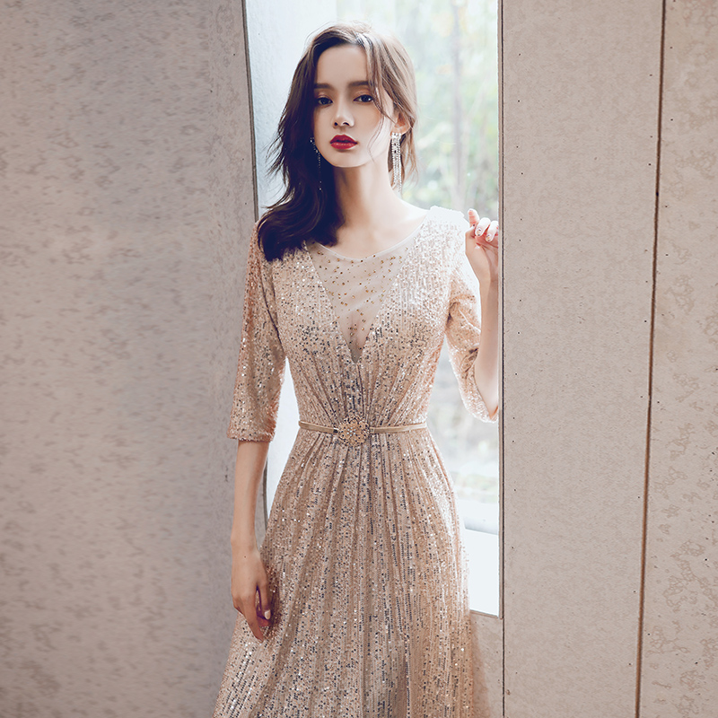 Champagne Golden Evening Gown Lady Banter Temperament High-end Atmosphere Famous LONG VERSION HOST BRIGHT SHIMMERY DRESS WOMAN