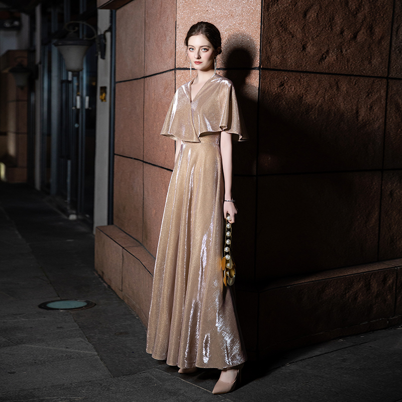 Golden Evening Dress Superior Texture Banquet Temperament Small Crowns High-end Light Lavish Champagne Host Ocean Atmosphere