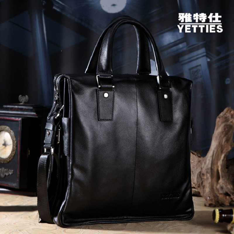 Men Genuine Leather Business Handbag Headlining Cow Leather Briefcase Vertical large capacity Single-shoulder inclined satchel bag Tide Cards