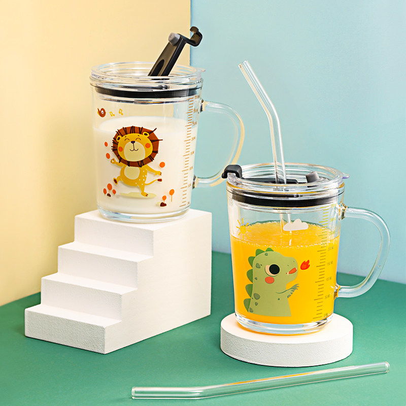 American BTIF children's milk scale glass straw cup A cup of three-way drop resistant microwave heating baby water cup