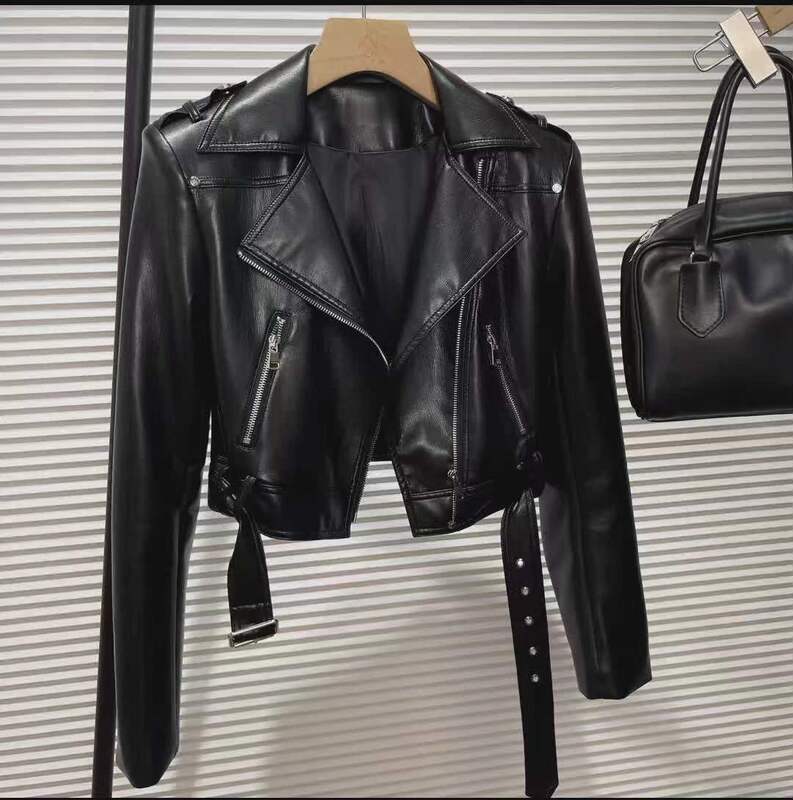 European Goods 2026 Spring and Autumn New Style Haining Motorcycle Leather Jacket for Women, Short, Slim Fit, Fashionable and Slimming Jacket Top, Trendy