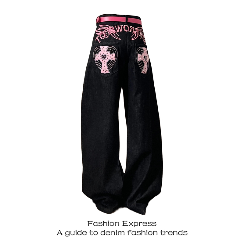 Black Jeans for Women, Spring and Autumn, American Retro Style, Color-Blocked Letter Print, Studded, High Street Design, Wide-Leg Pants