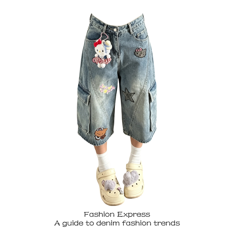 Fun Kitty Cat Shorts for Women 2026 New Summer Patch Embroidery Workwear Washed Multi-Pocket Cropped Denim Pants Fun Kitty Cat Shorts for Women 2026 New Summer Patch Embroidery Workwear Washed Multi-Pocket Cropped Denim Pants