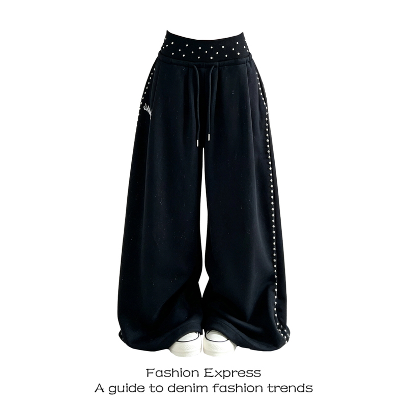 Black Wide-Waistband Sports Sweatpants for Women, 2026 Autumn New Style, Heavy-Duty Side Rivet Design, Casual Wide-Leg Pants