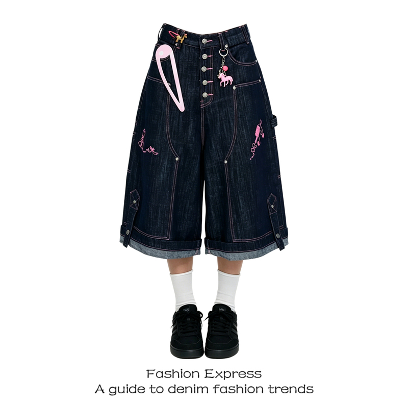 Very Stylish Women's Cropped Pants for Summer, Pink Stitching, Sweet Retro Raw Denim Workwear Straight-Leg Jeans