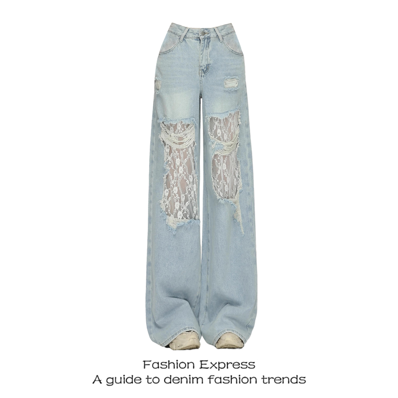 Light Blue High-Waisted Lace Ripped Jeans for Women 2026 New Spring and Summer Loose Wide-Leg Straight Spliced Long Pants Trendy