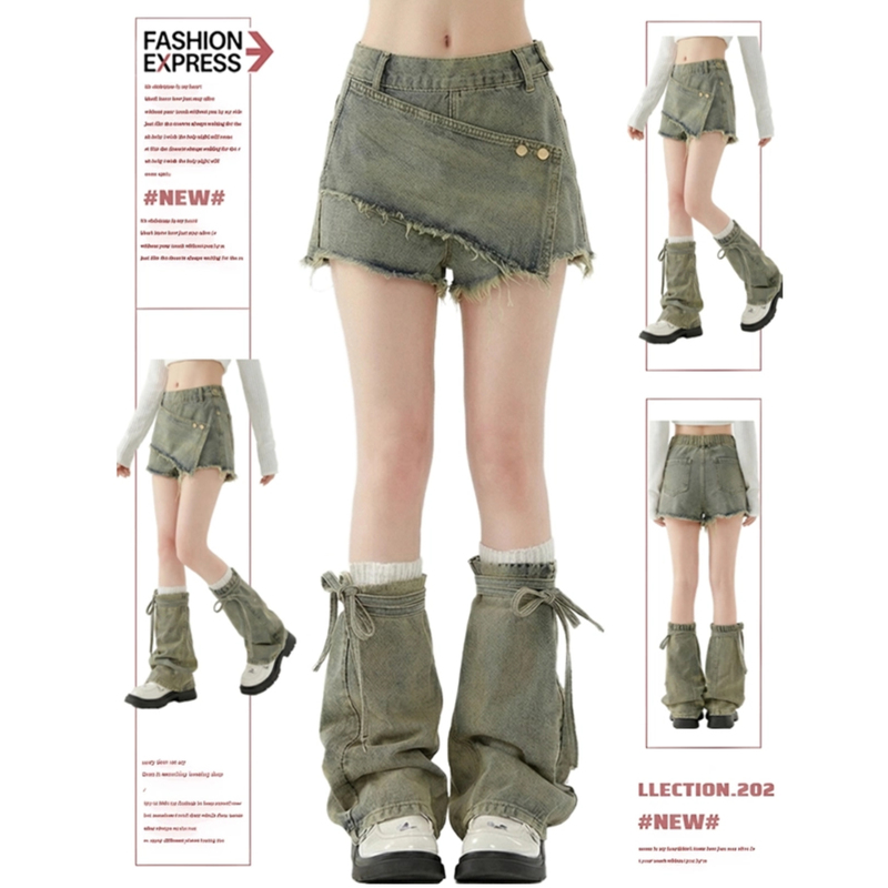 Women's Fringe Denim Shorts 2026 Summer New Style Hot Girl Edgy Style Hot Pants + Leg Warmers Two-Piece Set