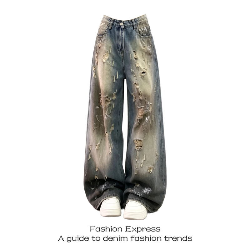 Painted Wash-Out Ripped Jeans for Women, Casual Summer New Style, High-Waisted, Loose Fit, Slimming, Versatile, Straight-Leg, Wide-Leg, Floor-Length Pants