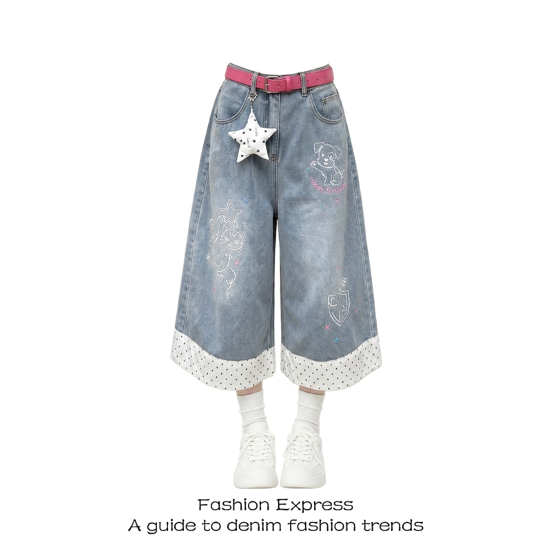 Polka Dot Jeans for Women, Summer Color-Blocking, Unique and Trendy, High-End Feel, Street Style, Casual Wide-Leg Cropped Pants
