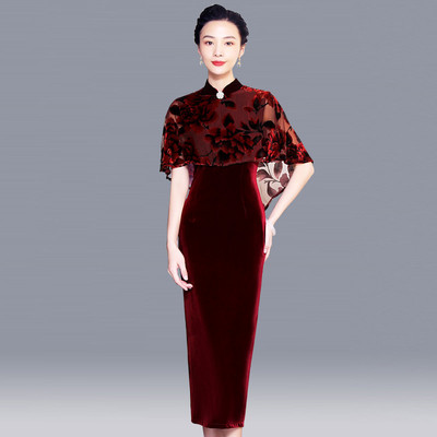 Chinese Dress Qipao for women Wedding dress cheongsam foreign style -in-law wedding banquet dress high-end autumn red velvet middle-aged dress woman