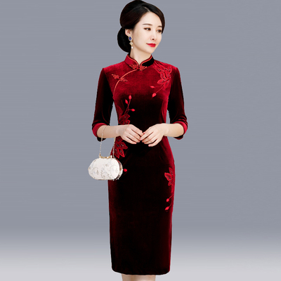 Chinese Dress Qipao for women Cheongsam middle aged woman wedding dress autumn noble improvement wedding banquet dress velvet dress foreign style