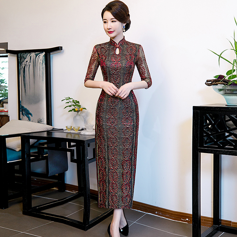 Chinese Dress Qipao for women Lace cheongsam spring and Autumn New Women long wedding dress banquet retro dress slim dress