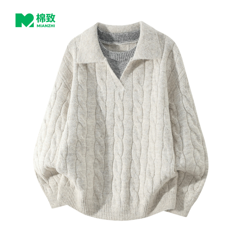 Cotton Official Genuine Retro Cable Knit Faux Two-Piece Polo Collar Sweater for Men, Autumn Trendy Brand Couple's Casual Knitwear