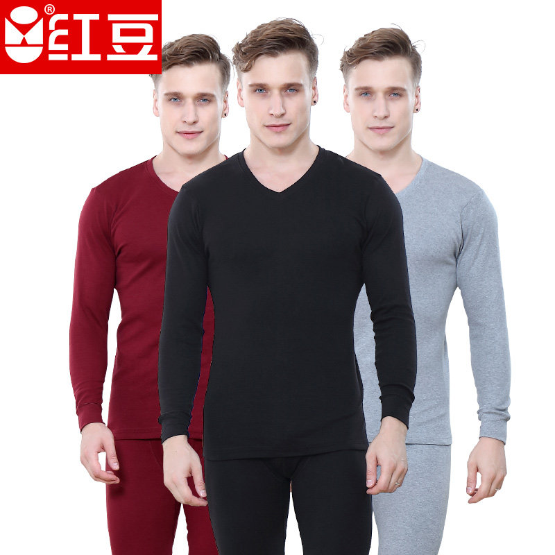 Red bean men's youth pure cotton combed cotton V-neck black red natal year autumn and winter autumn clothes sanitary pants underwear set