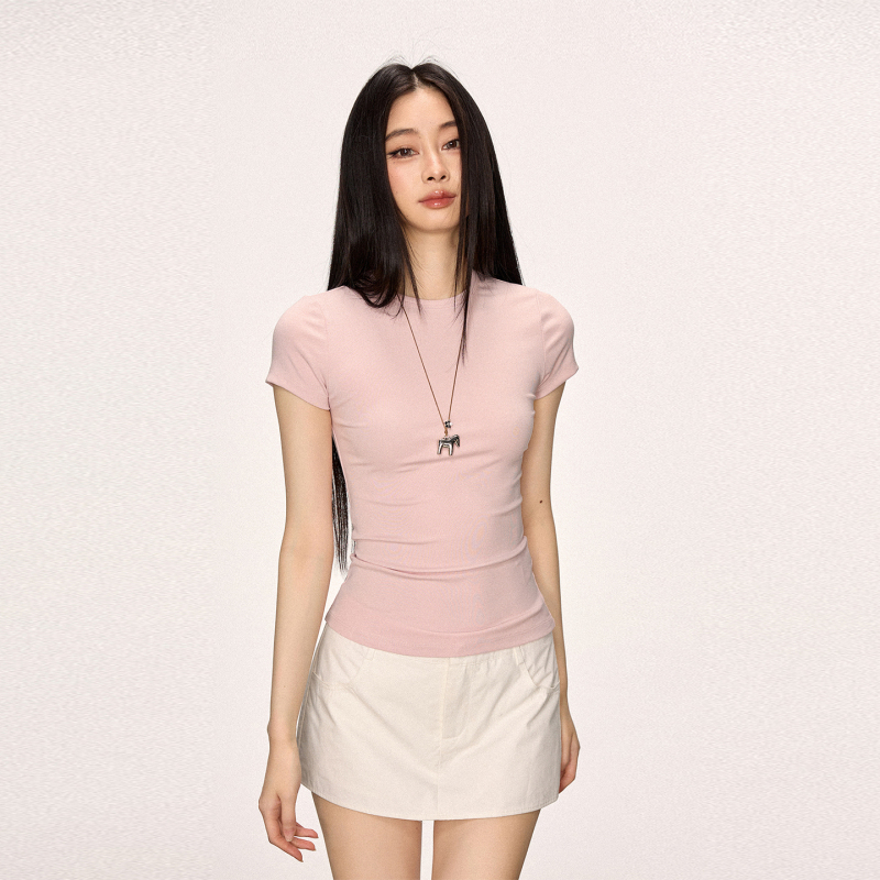 Cherry Melody Slim-Fit Round-Neck Short-Sleeve T-Shirt for Women, Waist-Cinching Top, Slimming, Simple and Basic