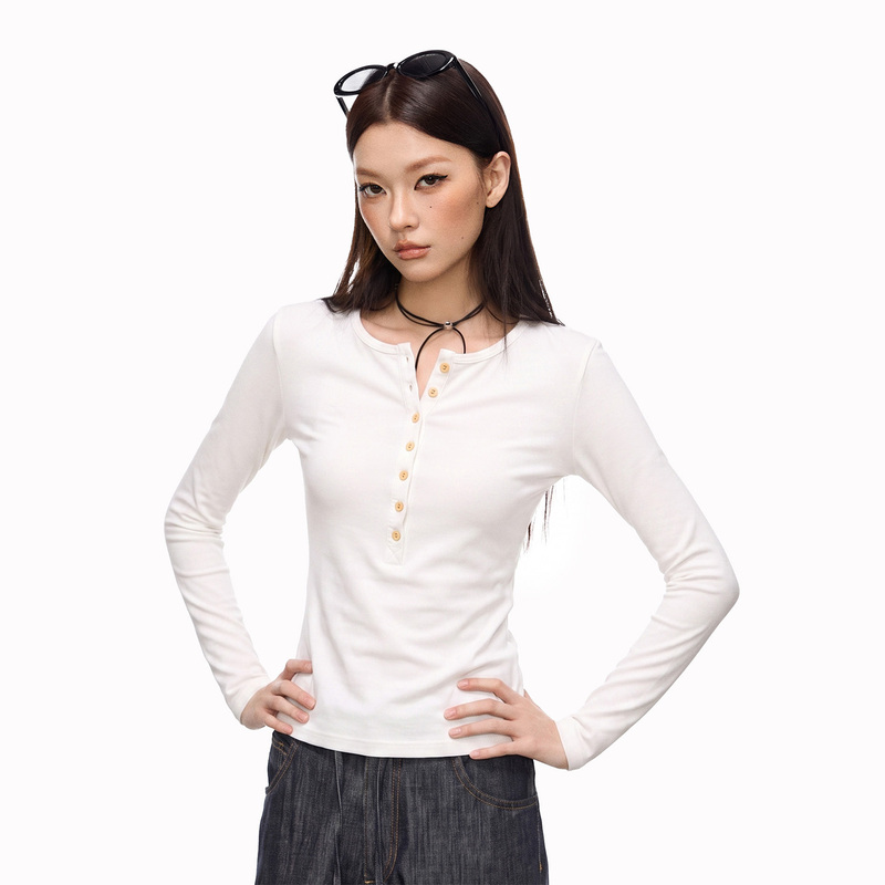 Cherrymelody Henry Collar Multi-Button Slim Long-Sleeve T-Shirt for Women, 2026 Autumn Slim-Fit Inner Top Cherrymelody Henry Collar Multi-Button Slim Long-Sleeve T-Shirt for Women, 2026 Autumn Slim-Fit Inner Top