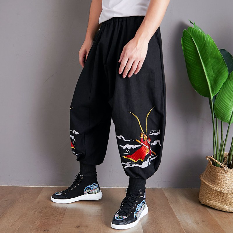 Fall embroidered male boomer kung-fu old daddy pants china wind grande saints meditation retro loose with small feet hip hop pants
