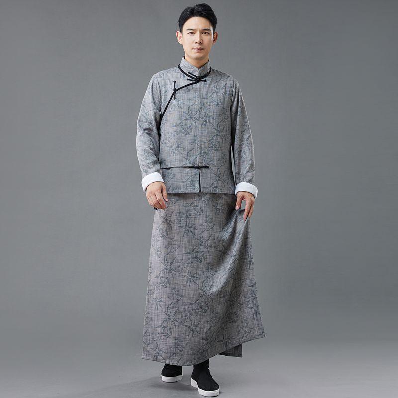 Mandarin Collar Long Shirt, Cotton Vest, Gentleman's Oblique-Front Robe, Cheongsam, Chinese Style Performance Costume, Shopkeeper's Coat