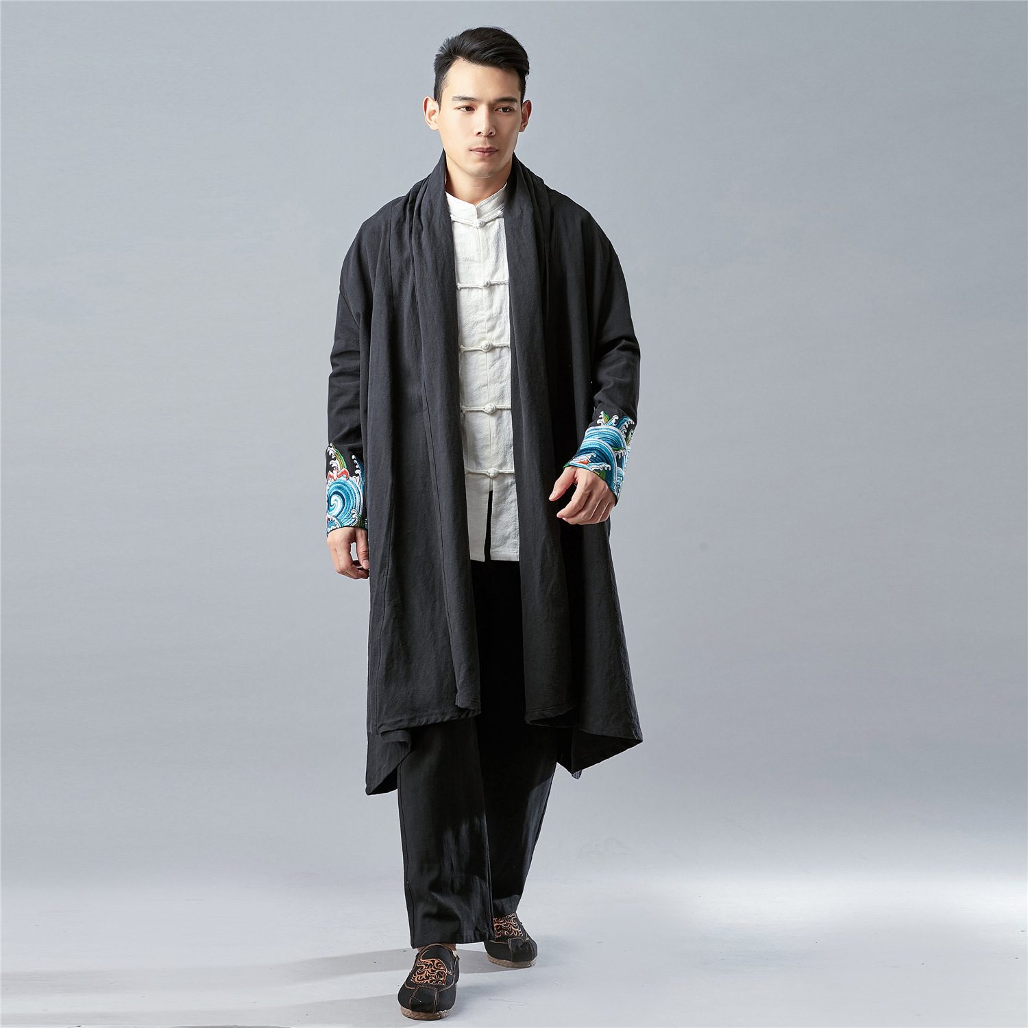 Chinese style hemp men's retro embroidery cape loose large size thick windbreaker spring and autumn Hanfu outer cloak Tang suit - Taobao