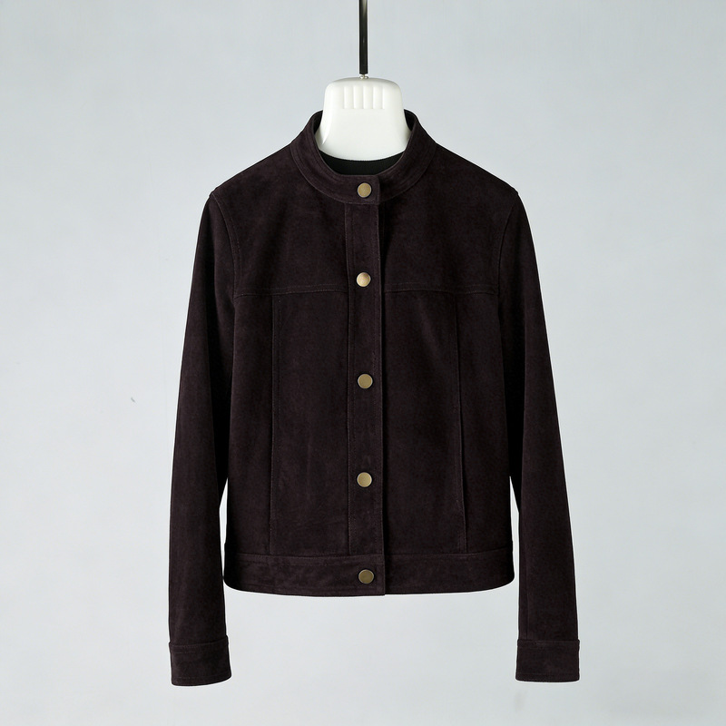 2026 New Haining Autumn and Winter Stand Collar Single-Breasted Short Round Neck Leather Jacket Suede Leather Coat Versatile Outerwear for Women 2026 New Haining Autumn and Winter Stand Collar Single-Breasted Short Round Neck Leather Jacket Suede Leather Coat Versatile Outerwear for Women