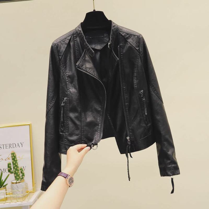 2025 New Korean Style Spring and Autumn Motorcycle Leather Jacket for Women, Slim Fit, Short, Trendy, Fashionable, Casual Black Coat