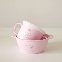 Korean pink rabbit corn fiber childrens double ear rice bowl with lid water Cup