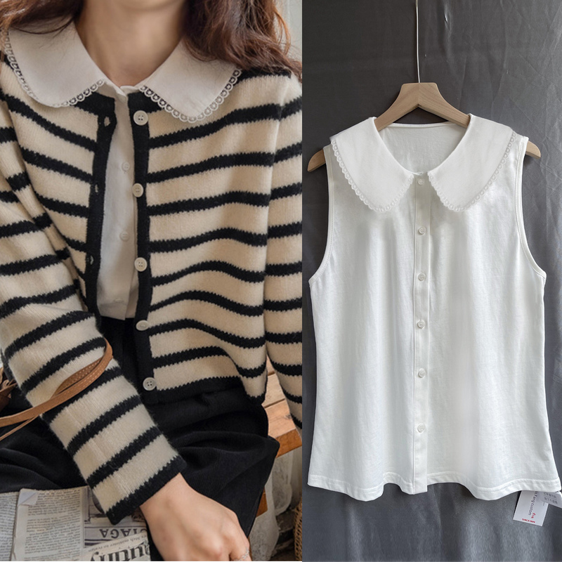 Lace Trim Patchwork Pure Cotton Doll Collar Vest Women's White Shirt Inner Layering Top New Style Layered Base Shirt