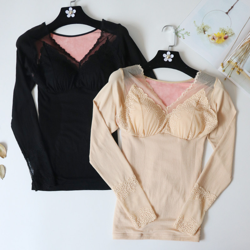 V-neck lace heating jacket women's thickening and velvet tight-fitting body slim bottoming shirt winter long-sleeved autumn clothes top