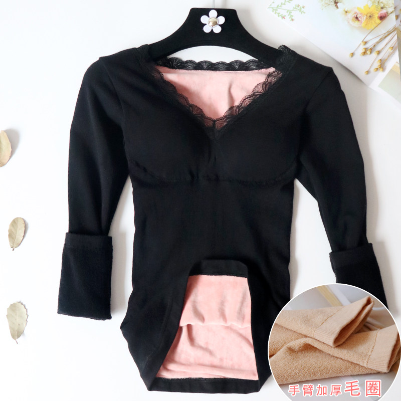 Winter plus velvet thickening with chest pads without wearing bra heating clothing women's tight-fitting seamless body bottoming long-sleeved top