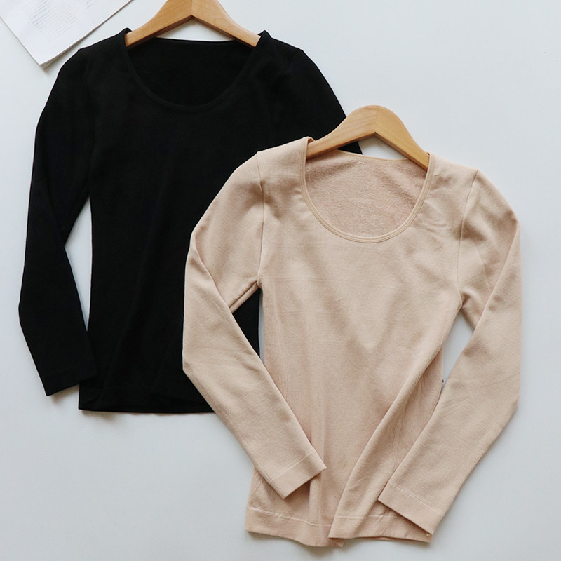Traceless terry warmer lady autumn coat inside wear single top plus fleece plus thick flesh color underwear undershirt winter