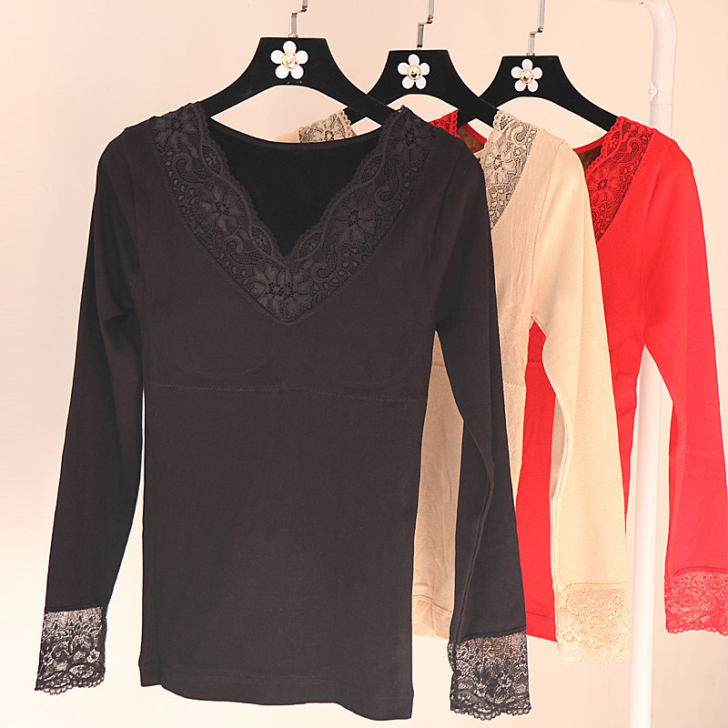Lace warm autumn clothes women's thickening and velvet winter body sculpting body underwear large size chest support bottoming tight cotton top