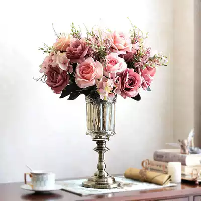 European dining table Dry flower decoration Glass vase decoration Transparent light luxury living room decoration American simulation flower arrangement bouquet