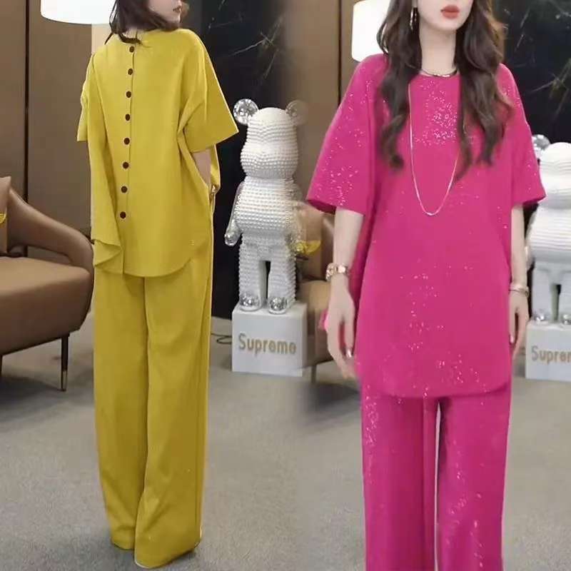 2025 Summer New Plus-Size Women's Sequin Outfit, Korean Style Slimming Round Neck High-Waisted Wide-Leg Pants Two-Piece Set for Women