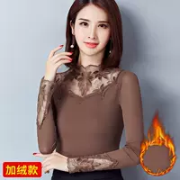 Cộng với áo nhung dày ren đáy quần dài tay nữ 2017 thu đông mẫu mùa thu lưới Slim slim nửa cổ cao cỡ lớn áo khoác len nữ