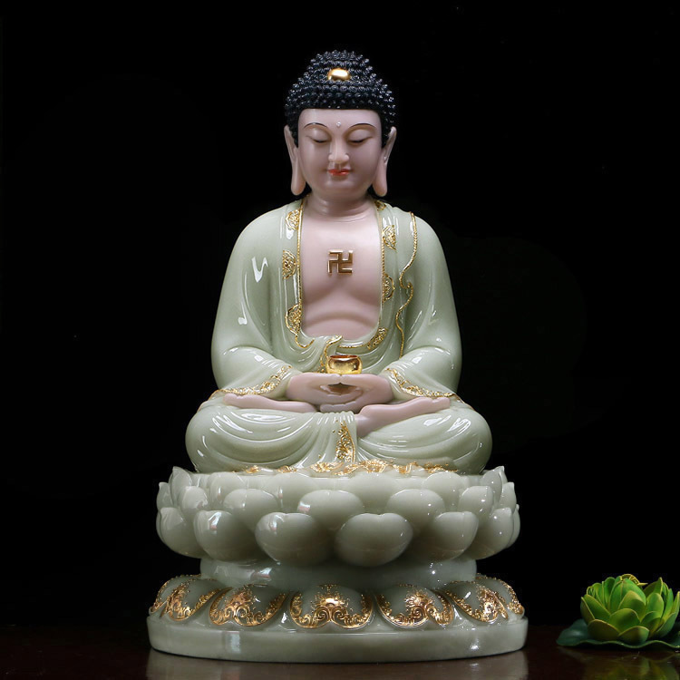 Baocheng Buddha supplies Stone carving Jade inlaid with gold Shakyamuni Buddha Buddha Statue Tathagata Buddha White marble Amitabha Buddha ornaments