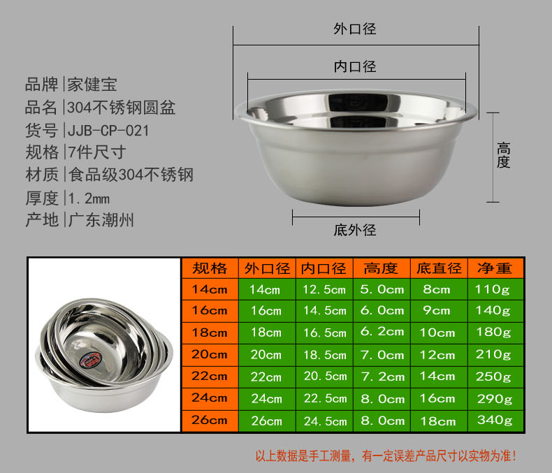 Thực phẩm cấp 304 inox tròn lưu vực chậu rửa lớn chậu rửa bát trộn bát trứng trẻ em bộ đồ ăn nhà bếp dĩa trắng