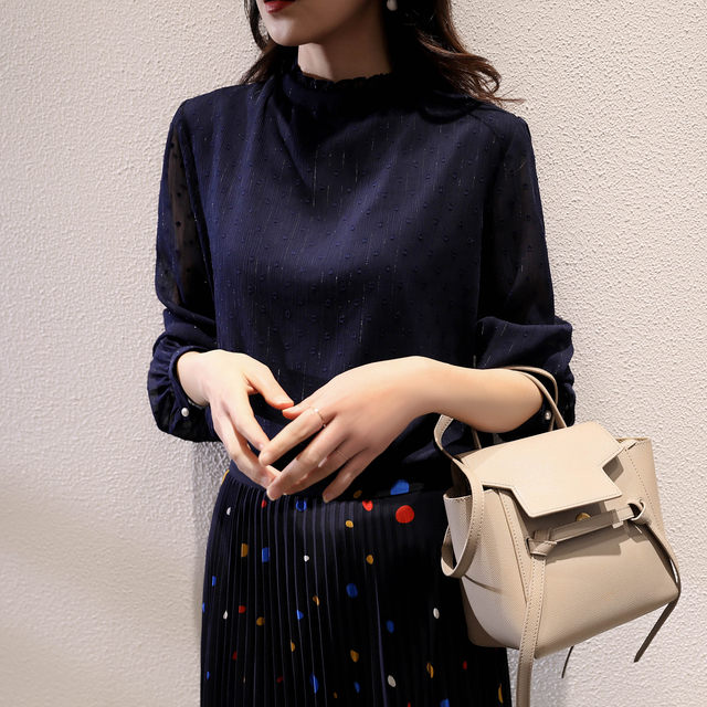 Joey's invisible high-end sense of fungus edge collar long-sleeved small loose thin chiffon shirt top spring and summer