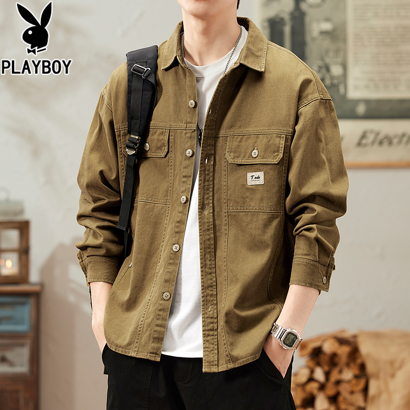 Playboy Autumn and Winter Heavyweight Pure Cotton Shirt Men's Retro Trendy Brand Shirt Casual Top Jacket Coat Men