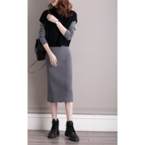 Fashionable JPOO Jane Pu long-sleeved two-piece blouse pure wool knitted bottomed long dress women autumn and winter