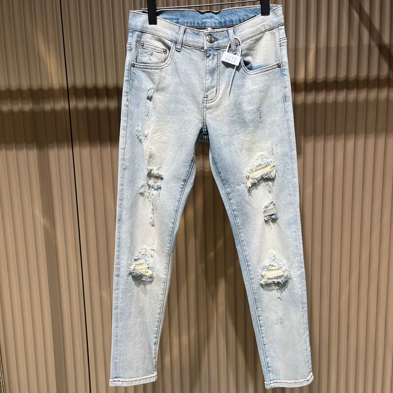 European High-End Summer Men's Ripped Skinny Jeans, Slim Fit, Trendy Brand, Light Blue and White, Stretchy Casual Thin Trousers