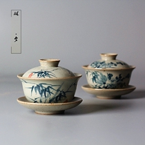 Lin Xi Jingdezhen hand-painted blue and white Sancai bowl handmade antique tea bowl Bowl Bowl under glaze color kung fu tea set