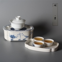 Lin Xis hand-painted long blue and white tea tray Chaoshan Kung Fu tea boat water storage dry bubble table raising pot supporting ceramic tray