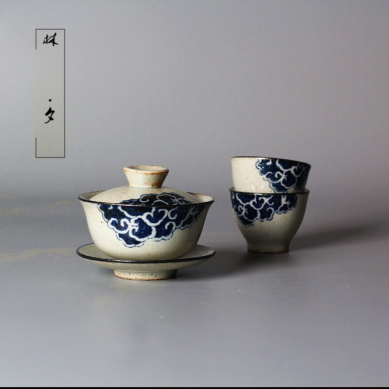 Lintsunset Handcrafted Coarse Pottery Tea Set Three only cover bowls Jingdezhen imitated ancient hand painted green flower tea maker Gongfu tea furniture-Taobao