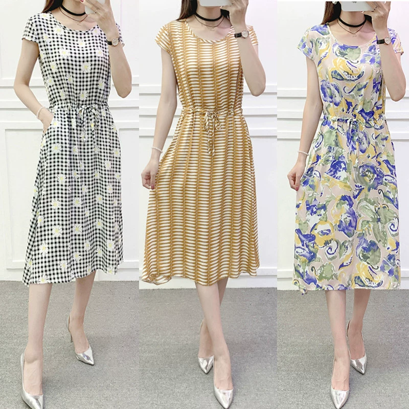 Váy tối giản cotton lụa mùa hè 2021 new plus size phụ nữ béo eo váy hoa ngắn tay túi - váy đầm